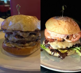 Two cheese burgers from two restaurants are visually compared. One has a sesame seed bun, tomatoes, lettuce, pork belly, and pickles with one patty covered in melted white cheddar cheese. The other has one patty with melted swiss cheese above and below it as well as bacon and mushrooms with the same cheese melted on top of it.