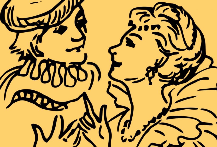 A line art drawing of Romeo and Juliet speaking to each other on a yellow background. The costumes for Romeo and Juliet seem to be from around the 1550s.