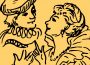 A line art drawing of Romeo and Juliet speaking to each other on a yellow background. The costumes for Romeo and Juliet seem to be from around the 1550s.