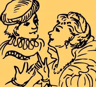 A line art drawing of Romeo and Juliet speaking to each other on a yellow background. The costumes for Romeo and Juliet seem to be from around the 1550s.
