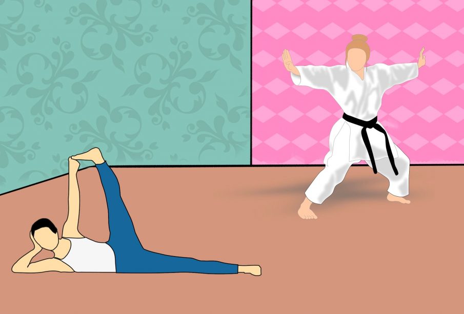 Two people are in a room with bright turquoise and fuschia wallpaper. The person to the left lays on their side on the floor, stretching their leg and arm up to accomplish a yoga pose, while the person on the right wears a karate-gi while holding their arms out in a ready pose as their legs rest in a straddle position.