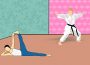 Two people are in a room with bright turquoise and fuschia wallpaper. The person to the left lays on their side on the floor, stretching their leg and arm up to accomplish a yoga pose, while the person on the right wears a karate-gi while holding their arms out in a ready pose as their legs rest in a straddle position.