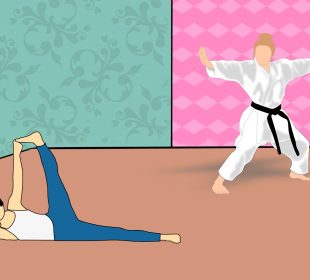 Two people are in a room with bright turquoise and fuschia wallpaper. The person to the left lays on their side on the floor, stretching their leg and arm up to accomplish a yoga pose, while the person on the right wears a karate-gi while holding their arms out in a ready pose as their legs rest in a straddle position.