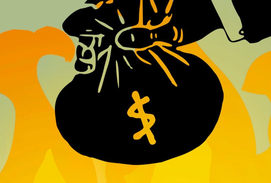 A graphic that shows a hand holding a bag of money in front of a background of flames.
