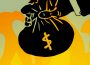 A graphic that shows a hand holding a bag of money in front of a background of flames.
