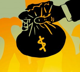 A graphic that shows a hand holding a bag of money in front of a background of flames.