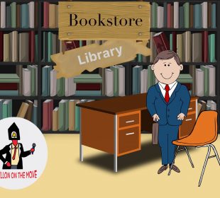 Against a backdrop of shelved books on a wall, a person holding a briefcase looks toward the audience. They stand next to a desk with the sign “Bookstore” over an older sign “Library.”