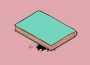 A book with a teal blue cover has squashed a person, with their hand and blood peeking out from under the book, all on a pink background.