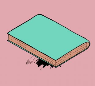 A book with a teal blue cover has squashed a person, with their hand and blood peeking out from under the book, all on a pink background.