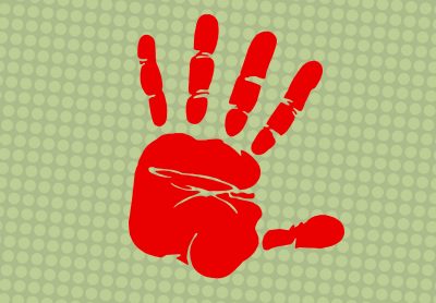 A red left handprint on a grey textured surface.