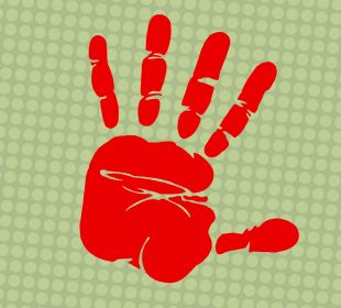 A red left handprint on a grey textured surface.