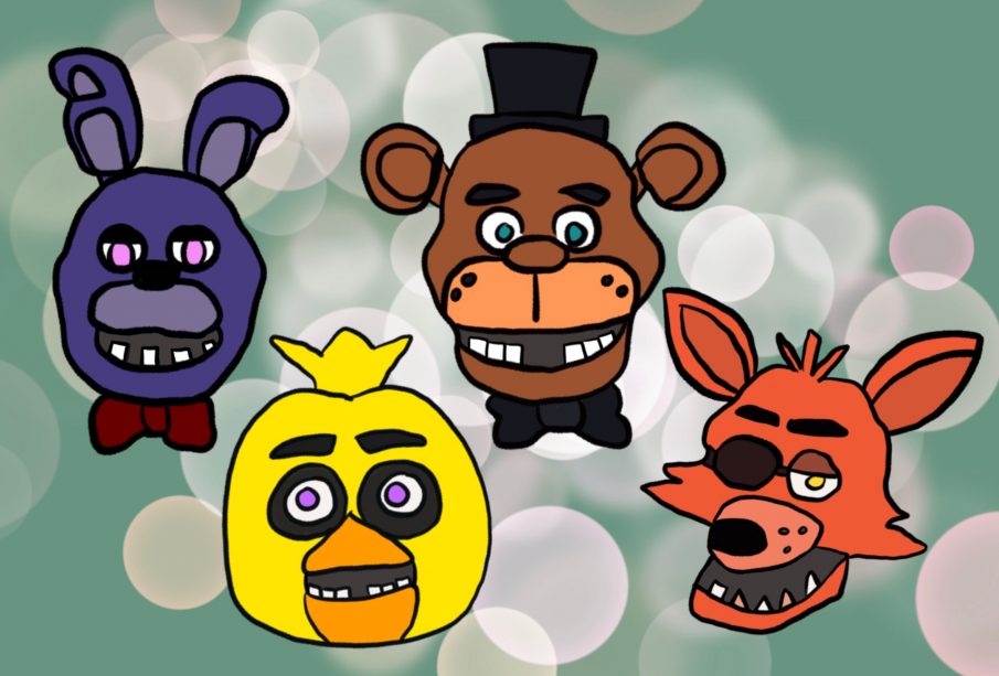 A drawing of the main four animatronics’ heads of the FNAF series - Bonnie, the purple bunny with a red bowtie; Chica, the yellow chicken; Freddy, the brown bear with a black top hat and bowtie; and Foxy, the red fox with an eyepatch on its left eye, all on a green background with white circles.