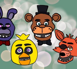 A drawing of the main four animatronics’ heads of the FNAF series - Bonnie, the purple bunny with a red bowtie; Chica, the yellow chicken; Freddy, the brown bear with a black top hat and bowtie; and Foxy, the red fox with an eyepatch on its left eye, all on a green background with white circles.