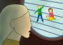A drawing of a blonde woman staring through bars at two children who are smiling and playing outside. One child is playing with an airplane and the other is playing with a doll. The woman seems aghast at the children’s freedom.