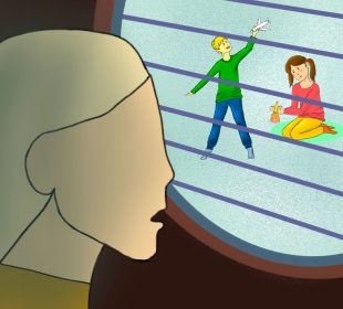 A drawing of a blonde woman staring through bars at two children who are smiling and playing outside. One child is playing with an airplane and the other is playing with a doll. The woman seems aghast at the children’s freedom.