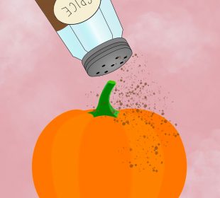 A pumpkin being sprinkled with spice from a container labelled “Spice,” all on a pink background.