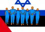 the flags of Israel and Palestine are in the background and a group of people representing the university student community stand in front