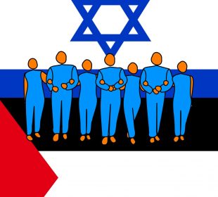 the flags of Israel and Palestine are in the background and a group of people representing the university student community stand in front