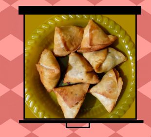 An image of samosas on a film screen pulled over a deep pink background with lighter pink diamond chains running widthwise.