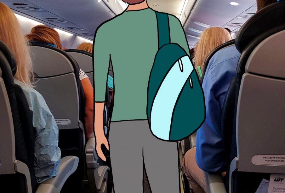 A person wearing blue tones and carrying a backpack has been illustrated over a photo taken facing down an airplane’s central walkway.