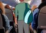 A person wearing blue tones and carrying a backpack has been illustrated over a photo taken facing down an airplane’s central walkway.