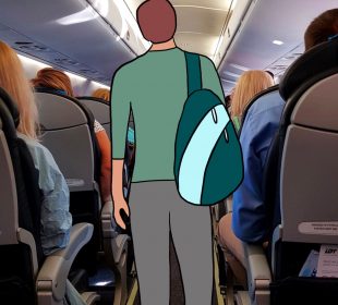 A person wearing blue tones and carrying a backpack has been illustrated over a photo taken facing down an airplane’s central walkway.