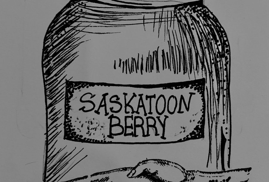 A jam jar labeled “Saskatoon berry,” with two hands meeting in a handshake right in front of it.