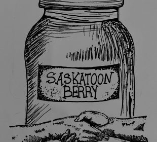A jam jar labeled “Saskatoon berry,” with two hands meeting in a handshake right in front of it.