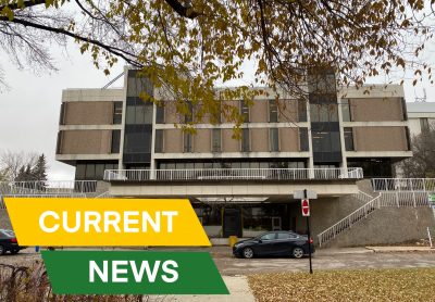 Photo of a building on University of Regina campus with green and gold boxes in one corner with the text “Current News.”