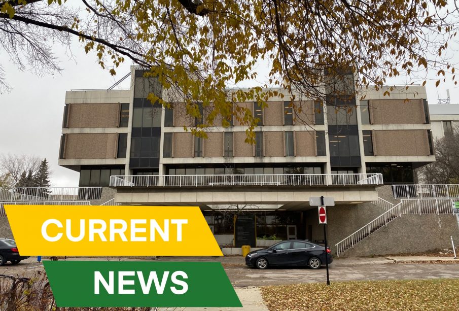 Photo of a building on University of Regina campus with green and gold boxes in one corner with the text “Current News.”