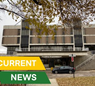 Photo of a building on University of Regina campus with green and gold boxes in one corner with the text “Current News.”