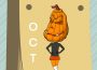 A humanoid body with a pumpkin head is on a thick stack of paper with white letters “O,” “C,” and “T” down the side.