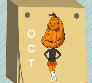 A humanoid body with a pumpkin head is on a thick stack of paper with white letters “O,” “C,” and “T” down the side.
