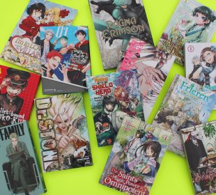 A yellow-green background with manga cover pages spread across the image. Most are mentioned in the article.