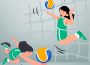 A sketch of two people. One is jumping up to hit a volleyball and the other is crouched to bump another one. Both are in green jerseys.