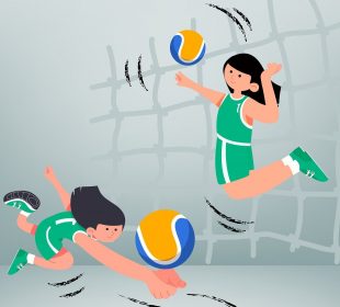 A sketch of two people. One is jumping up to hit a volleyball and the other is crouched to bump another one. Both are in green jerseys.