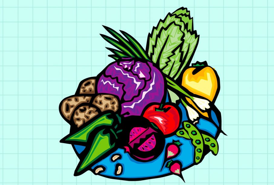 A drawing of a plate of vegetables on a teal background overlaid with a slightly darker grid. The plate is blue and holds a tomato, lettuce, three white beans, two turnips, two pea pods, three potatoes, two green onions, a purple lettuce variety, a red onion, two green peppers, and a yellow bell pepper.