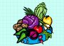 A drawing of a plate of vegetables on a teal background overlaid with a slightly darker grid. The plate is blue and holds a tomato, lettuce, three white beans, two turnips, two pea pods, three potatoes, two green onions, a purple lettuce variety, a red onion, two green peppers, and a yellow bell pepper.