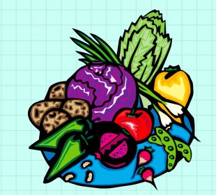 A drawing of a plate of vegetables on a teal background overlaid with a slightly darker grid. The plate is blue and holds a tomato, lettuce, three white beans, two turnips, two pea pods, three potatoes, two green onions, a purple lettuce variety, a red onion, two green peppers, and a yellow bell pepper.