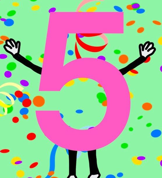 The number five with arms and legs, arms raised in celebration, on a green background with colourful confetti and streamers.