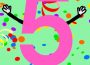 The number five with arms and legs, arms raised in celebration, on a green background with colourful confetti and streamers.