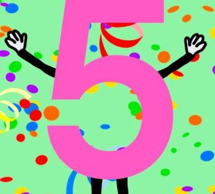 The number five with arms and legs, arms raised in celebration, on a green background with colourful confetti and streamers.