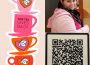 There is a stack of tea cups and plates beside an image of a person. On the left side there are four pink and orange tea cups stacked with their tea plates between them. There are triple leaf designs on three of the tea cups, while the second from the top has “This Tea Gives Back” written on it. The person to the write of the image is wearing black leggings, a light pink sweater, and a hot pink shirt along with a black purse and a black and white patterned scarf. They are smiling to the left of the camera and grabbing a water from a shelf that is behind their head and to their left.