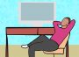 A person in black pants and a hot pink sweater sits in an office chair, relaxing in front of their desk with their computer turned off.