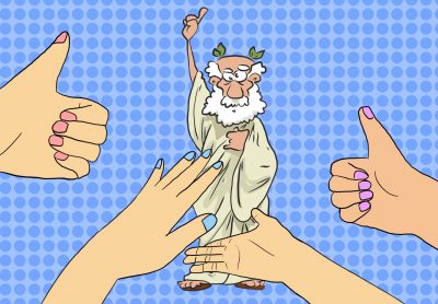 A sketch of an old man in a robe, hand raised, as several others applaud or give a thumbs up.