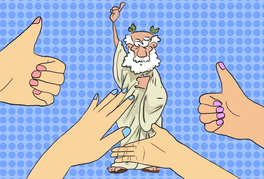 A sketch of an old man in a robe, hand raised, as several others applaud or give a thumbs up.