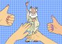 A sketch of an old man in a robe, hand raised, as several others applaud or give a thumbs up.