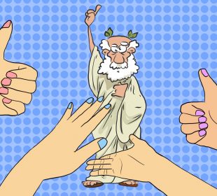 A sketch of an old man in a robe, hand raised, as several others applaud or give a thumbs up.