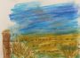 A pen and pastel depiction of a fenced-off golden field under a sky of blue-grey tones.