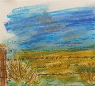 A pen and pastel depiction of a fenced-off golden field under a sky of blue-grey tones.